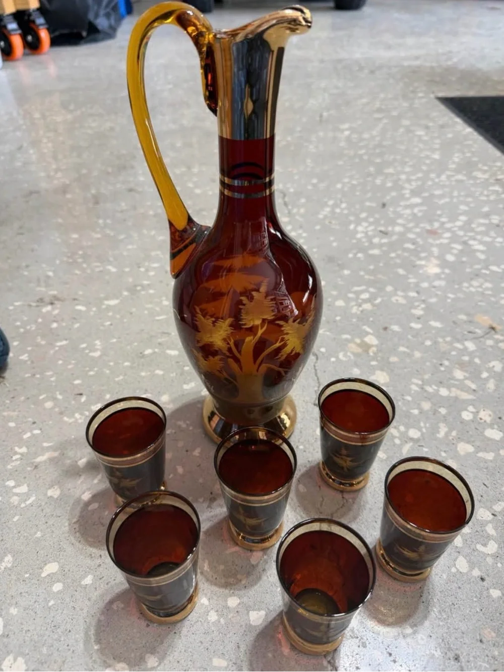 1950’s Bohemian Amber Glass & Gold Decanter  & Cordial Cups Set